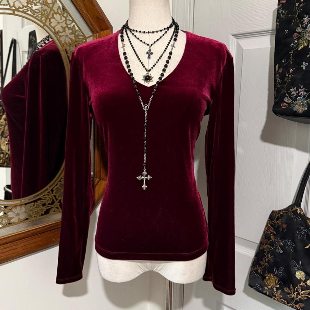 Y2K Eddie Bauer Dark Red Velvet Velour Long Sleeve V Neck Vampy Goth Top S